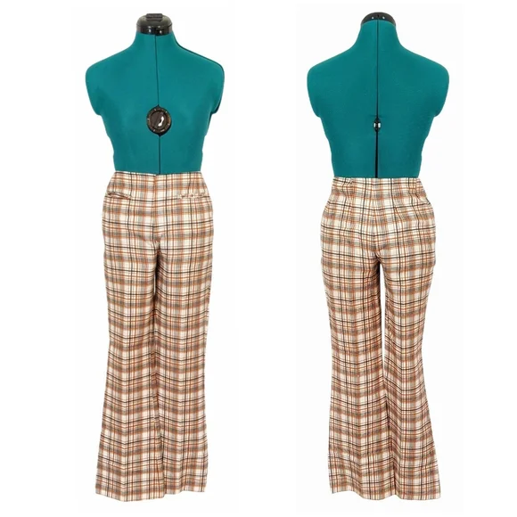1960s Levi's for Gals Pants 1970s Bootcut Flare Trousers Plaid Brown Mid Rise - Picture 9 of 9